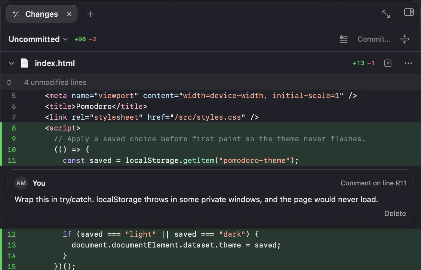 The Changes tab with a diff and a comment on one of its lines