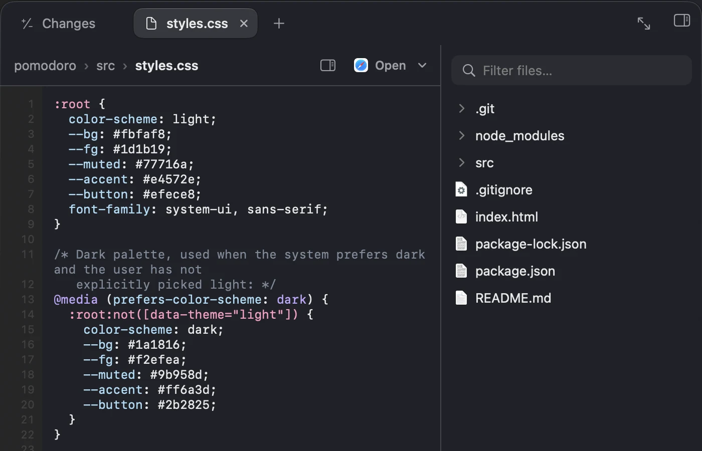 A stylesheet open in the side panel, beside the project's files