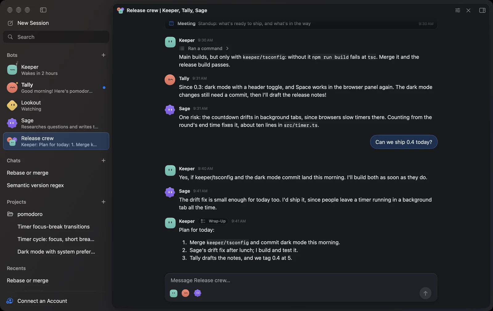 Kuvo Code's Release crew group chat: Keeper, Tally and Sage talk a standup through, and Keeper wraps up who does what