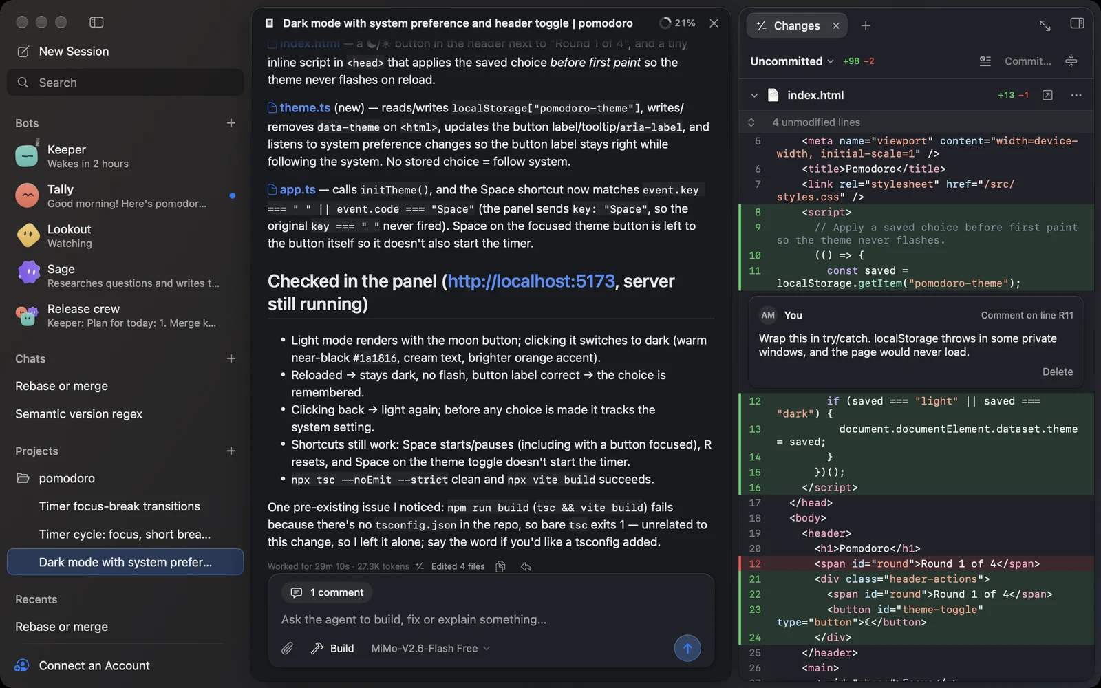 Kuvo Code with bots, chats and projects in the sidebar, and a session beside the changes it made