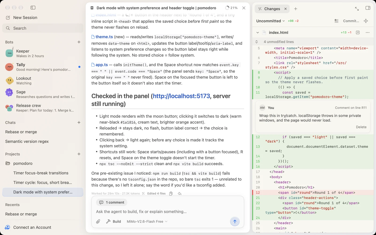 Kuvo Code with bots, chats and projects in the sidebar, and a session beside the changes it made