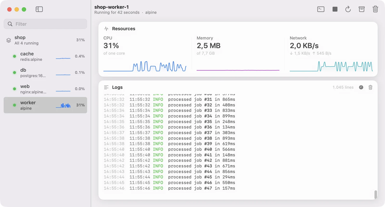 Kuvo showing a Compose project's containers, live resource graphs and logs
